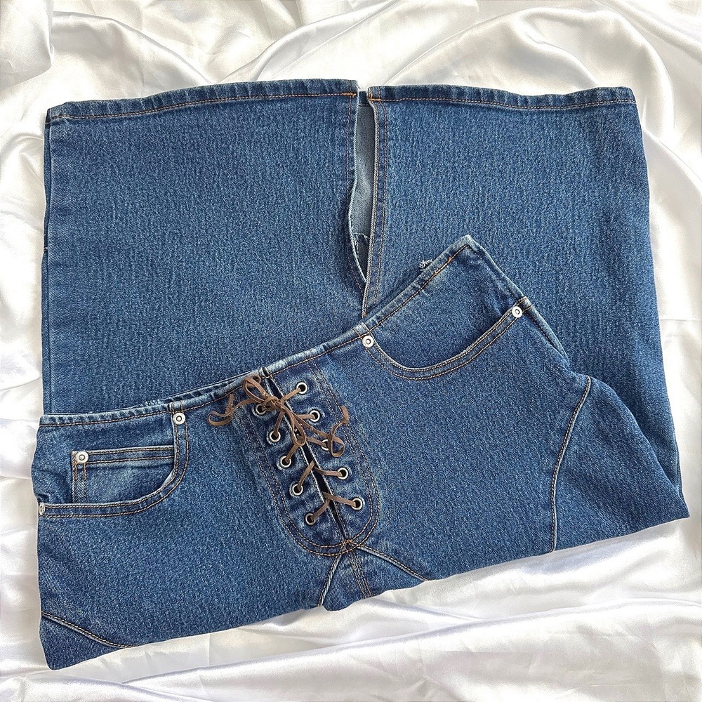 Vintage Juke Box Stretch Denim Midi Skirt Lace Up Front Western Applique Blue 7